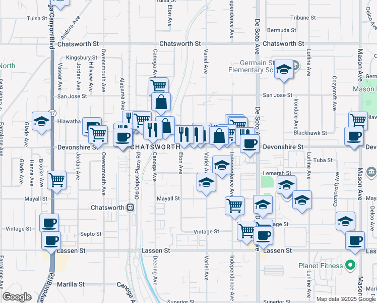map of restaurants, bars, coffee shops, grocery stores, and more near 21220 Devonshire Street in Los Angeles
