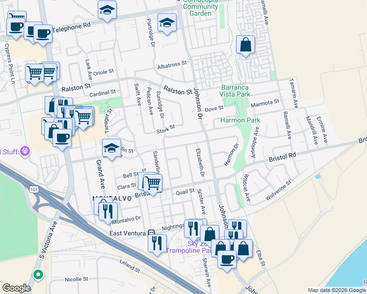 map of restaurants, bars, coffee shops, grocery stores, and more near 2101 Anthony Drive in Ventura