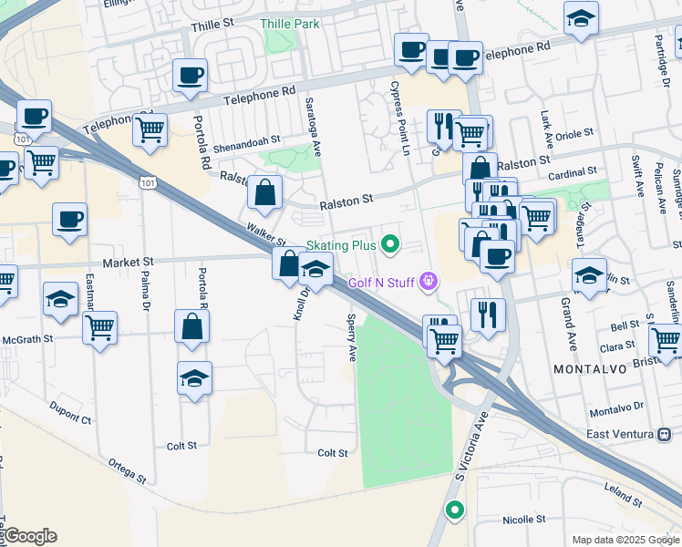 map of restaurants, bars, coffee shops, grocery stores, and more near 1811 Saratoga Avenue in Ventura