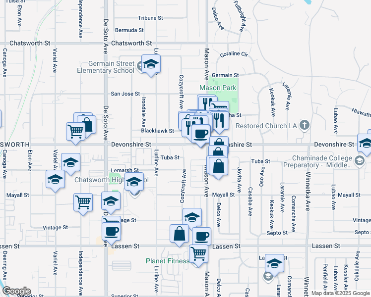 map of restaurants, bars, coffee shops, grocery stores, and more near 10256 Cozycroft Avenue in Los Angeles