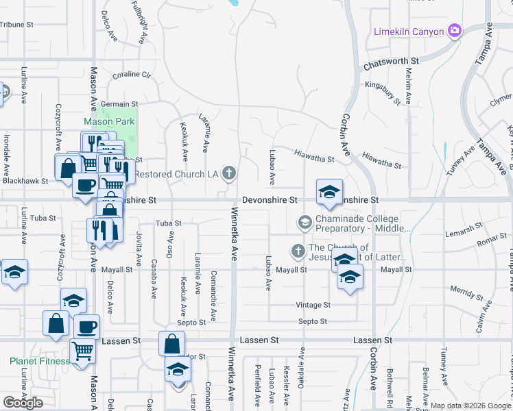 map of restaurants, bars, coffee shops, grocery stores, and more near 20023 Tipico Street in Los Angeles