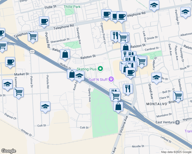 map of restaurants, bars, coffee shops, grocery stores, and more near 1787 Mesa Verde Ave in Ventura