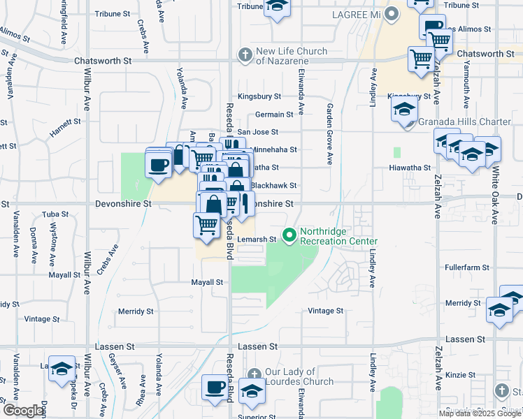 map of restaurants, bars, coffee shops, grocery stores, and more near 18419 Tuba Street in Los Angeles