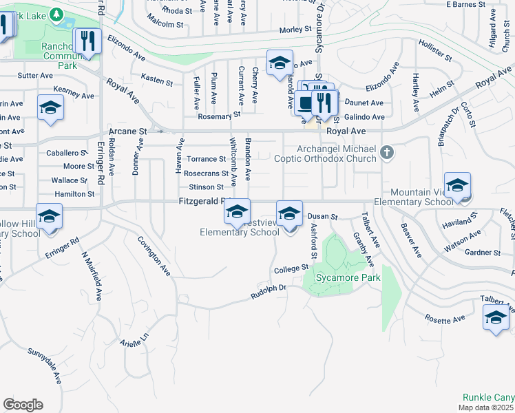 map of restaurants, bars, coffee shops, grocery stores, and more near 2342 Fitzgerald Road in Simi Valley