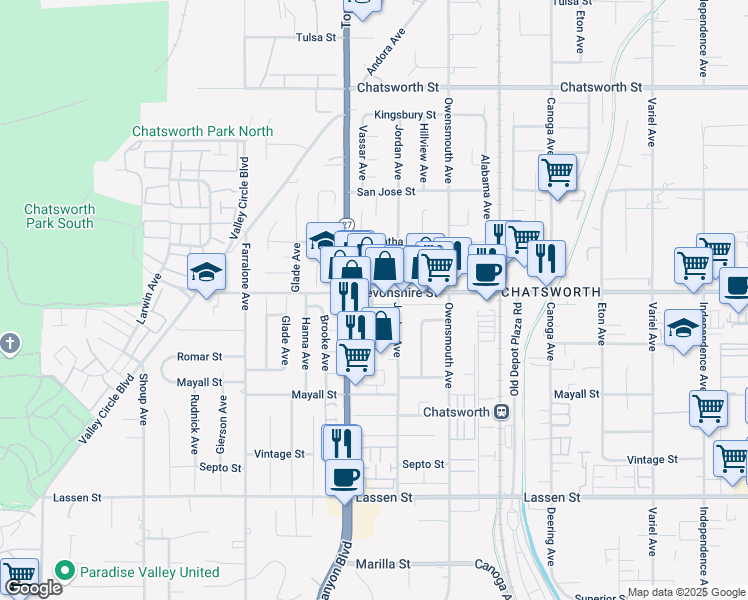 map of restaurants, bars, coffee shops, grocery stores, and more near 10250 Vassar Avenue in Los Angeles