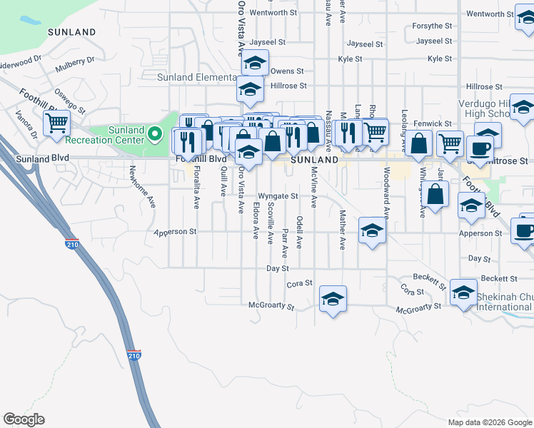 map of restaurants, bars, coffee shops, grocery stores, and more near 10331 Scoville Avenue in Los Angeles