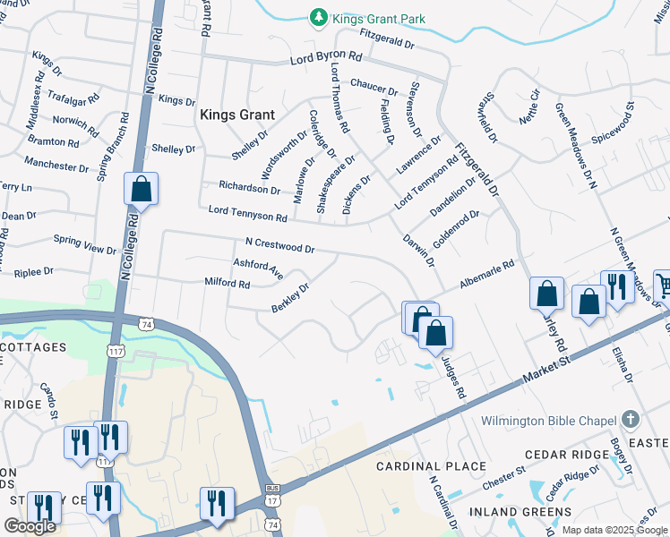 map of restaurants, bars, coffee shops, grocery stores, and more near 4878 Berkley Drive in Wilmington