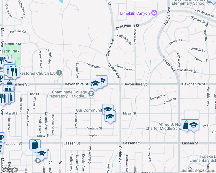map of restaurants, bars, coffee shops, grocery stores, and more near 19749 Tuba Street in Los Angeles