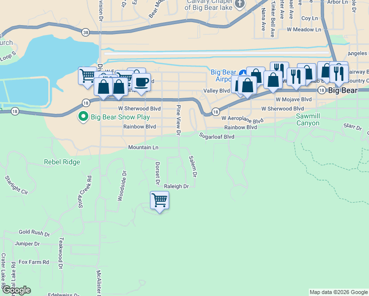 map of restaurants, bars, coffee shops, grocery stores, and more near 700 Mountain Lane in Big Bear