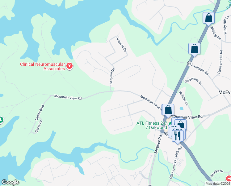 map of restaurants, bars, coffee shops, grocery stores, and more near 4255 Mountain View Road in Oakwood
