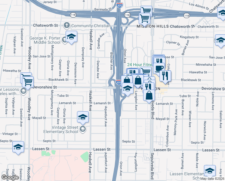 map of restaurants, bars, coffee shops, grocery stores, and more near 15600 Devonshire Street in Los Angeles