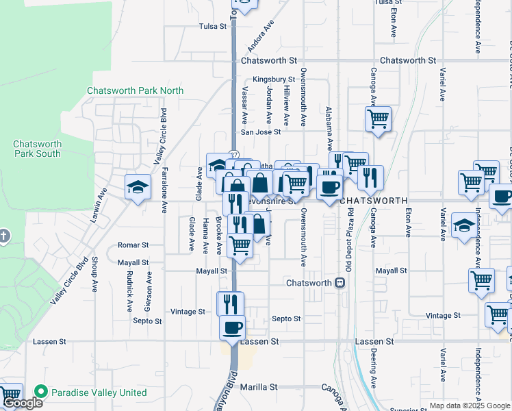 map of restaurants, bars, coffee shops, grocery stores, and more near 10250 Vassar Avenue in Los Angeles