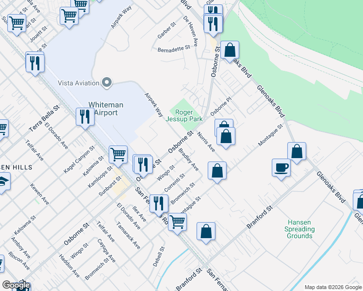 map of restaurants, bars, coffee shops, grocery stores, and more near 12466 Osborne Street in Los Angeles