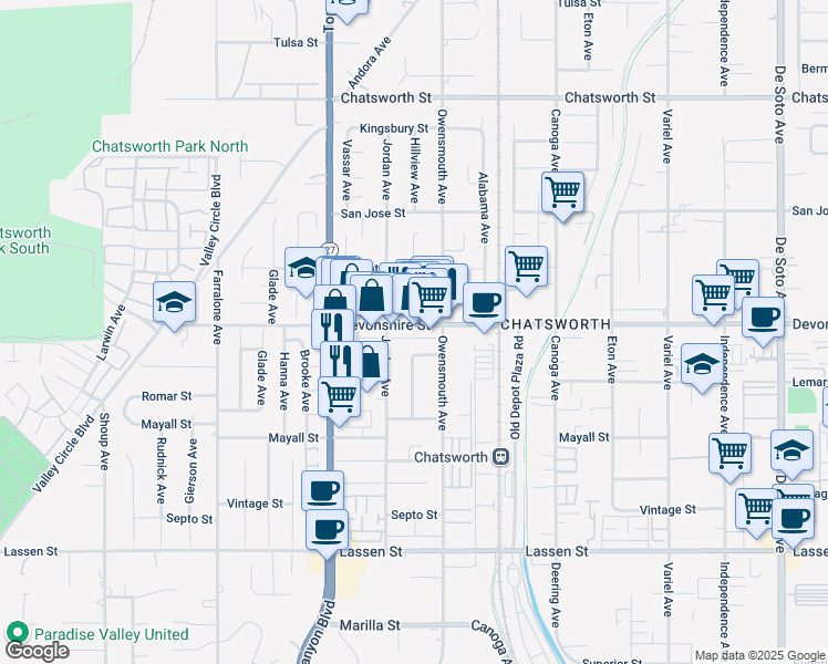 map of restaurants, bars, coffee shops, grocery stores, and more near 21750 Devonshire Street in Los Angeles