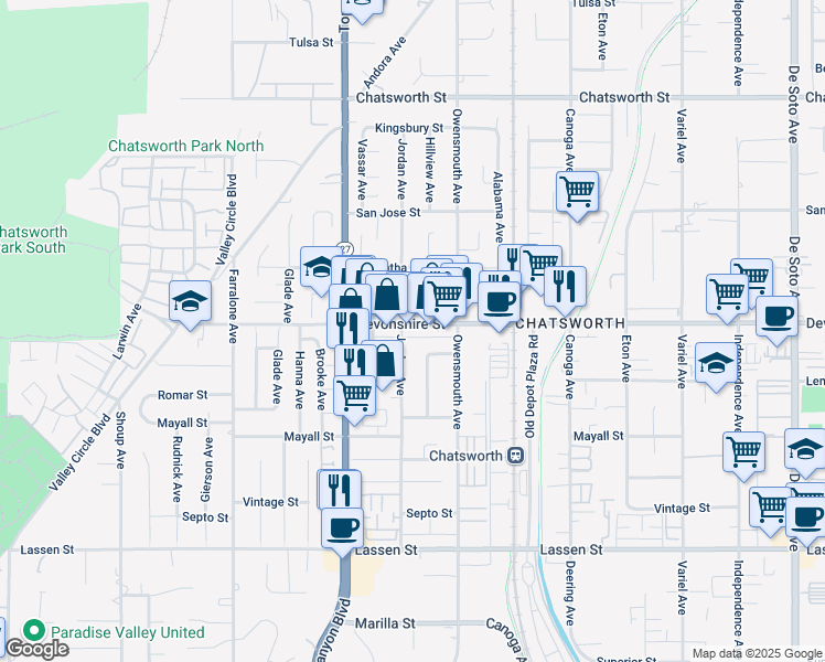 map of restaurants, bars, coffee shops, grocery stores, and more near 21750 Devonshire Street in Los Angeles
