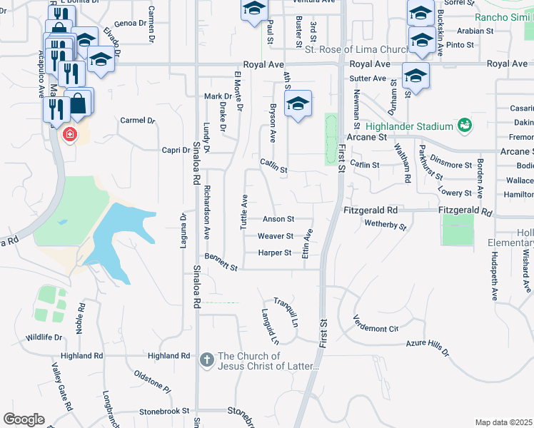 map of restaurants, bars, coffee shops, grocery stores, and more near 707 Anson Street in Simi Valley