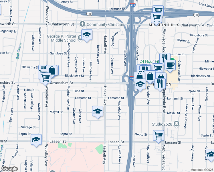 map of restaurants, bars, coffee shops, grocery stores, and more near 10246 Haskell Avenue in Los Angeles