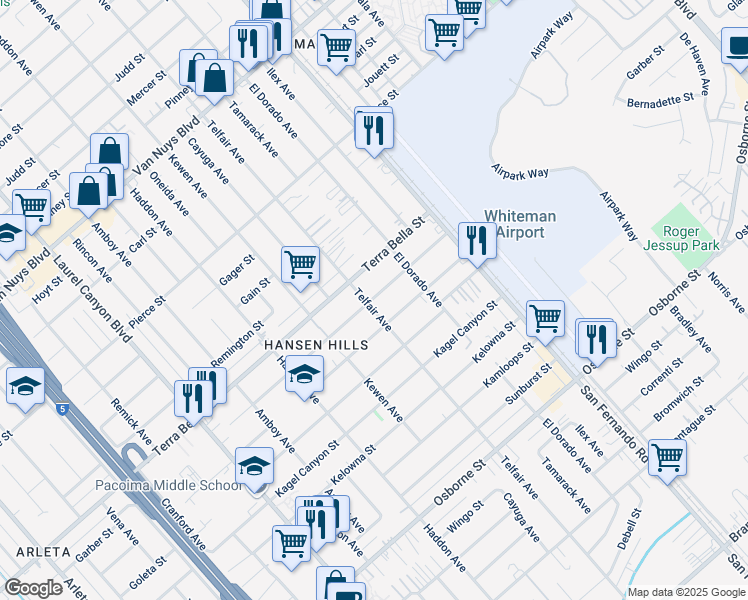 map of restaurants, bars, coffee shops, grocery stores, and more near 13082 Garber Street in Los Angeles