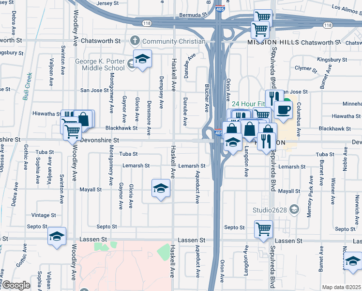 map of restaurants, bars, coffee shops, grocery stores, and more near 10246 Haskell Avenue in Los Angeles