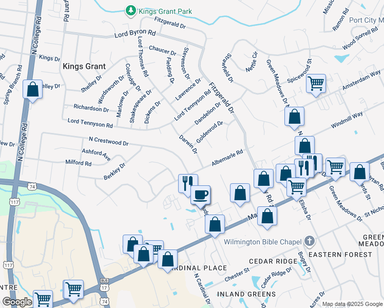 map of restaurants, bars, coffee shops, grocery stores, and more near 710 Darwin Drive in Wilmington