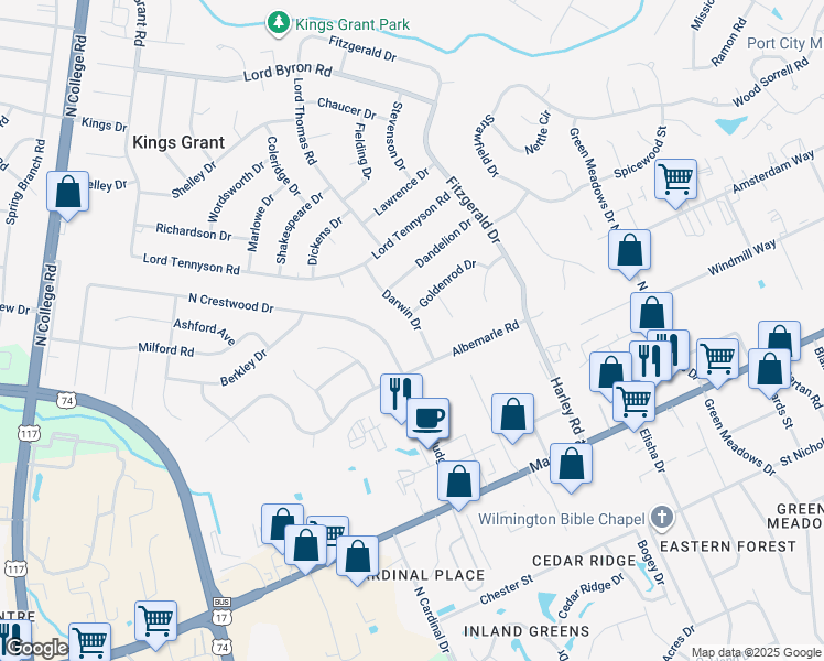 map of restaurants, bars, coffee shops, grocery stores, and more near 710 Darwin Drive in Wilmington
