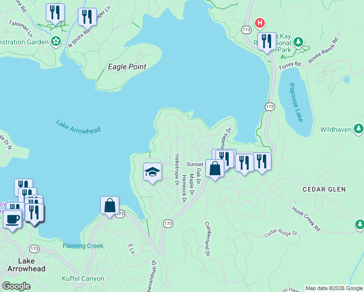 map of restaurants, bars, coffee shops, grocery stores, and more near 400 Hemlock Drive in Lake Arrowhead