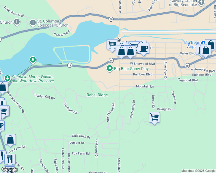 map of restaurants, bars, coffee shops, grocery stores, and more near 42820 Timberline Trail in Big Bear Lake