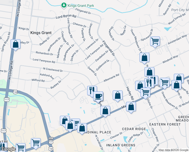 map of restaurants, bars, coffee shops, grocery stores, and more near 710 Darwin Drive in Wilmington
