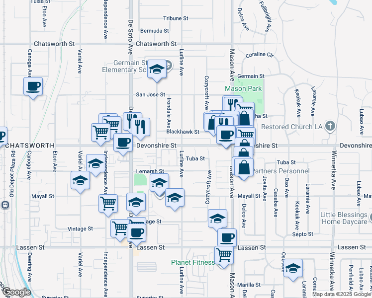 map of restaurants, bars, coffee shops, grocery stores, and more near 10254 Lurline Avenue in Los Angeles