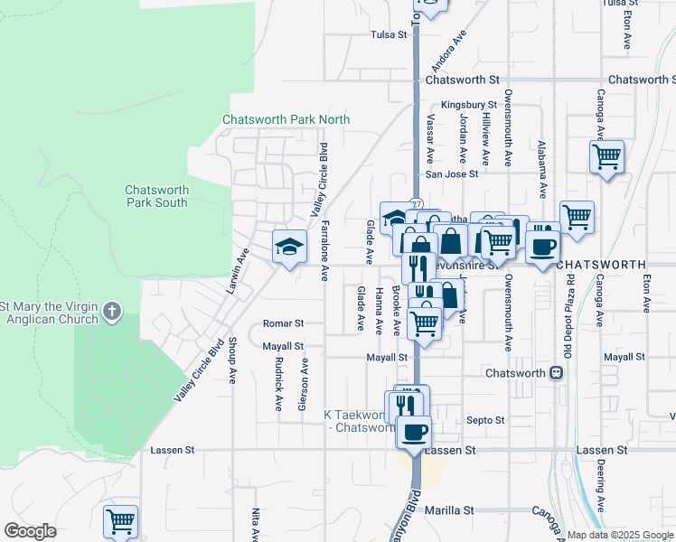 map of restaurants, bars, coffee shops, grocery stores, and more near 10257 Nevada Avenue in Los Angeles