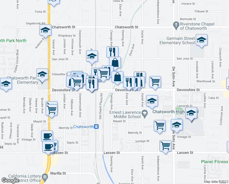map of restaurants, bars, coffee shops, grocery stores, and more near 21356 Devonshire Street in Los Angeles