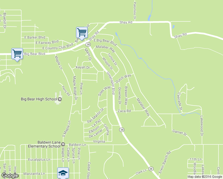map of restaurants, bars, coffee shops, grocery stores, and more near 313 Greenspot Boulevard in Big Bear