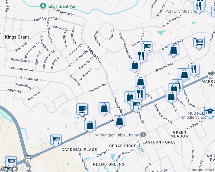 map of restaurants, bars, coffee shops, grocery stores, and more near 107 Albemarle Road in Wilmington