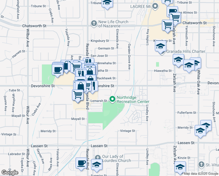 map of restaurants, bars, coffee shops, grocery stores, and more near 18331 Tuba Street in Los Angeles