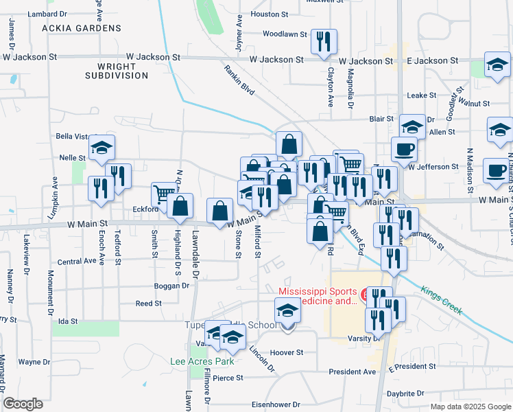 map of restaurants, bars, coffee shops, grocery stores, and more near 1142 West Main Street in Tupelo