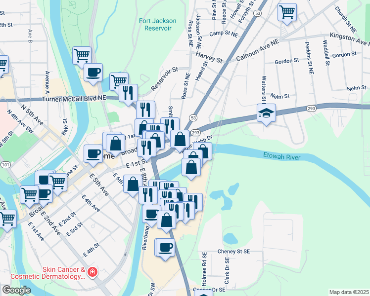 map of restaurants, bars, coffee shops, grocery stores, and more near 935 Spider Webb Drive in Rome