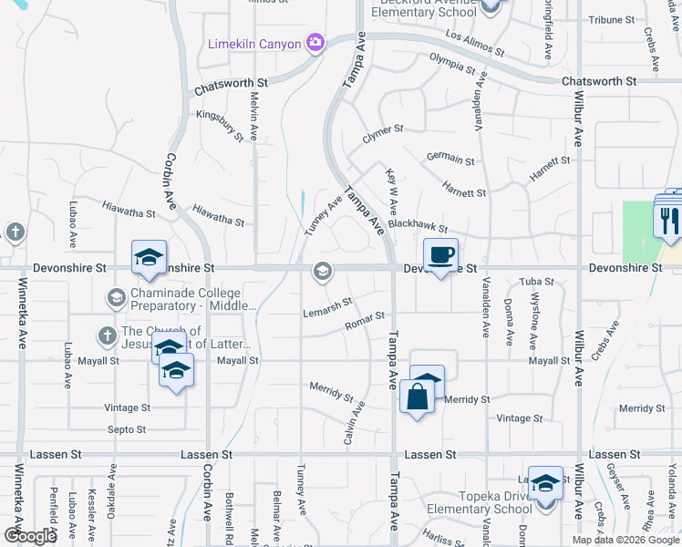 map of restaurants, bars, coffee shops, grocery stores, and more near 10261 Calvin Avenue in Los Angeles