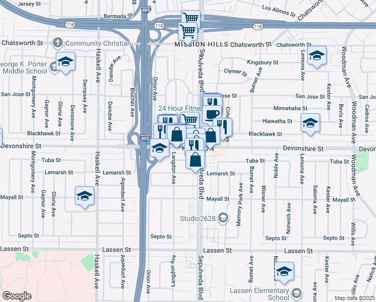 map of restaurants, bars, coffee shops, grocery stores, and more near 15426 Devonshire Street in Los Angeles