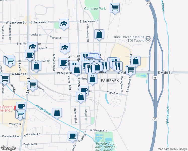 map of restaurants, bars, coffee shops, grocery stores, and more near in Tupelo