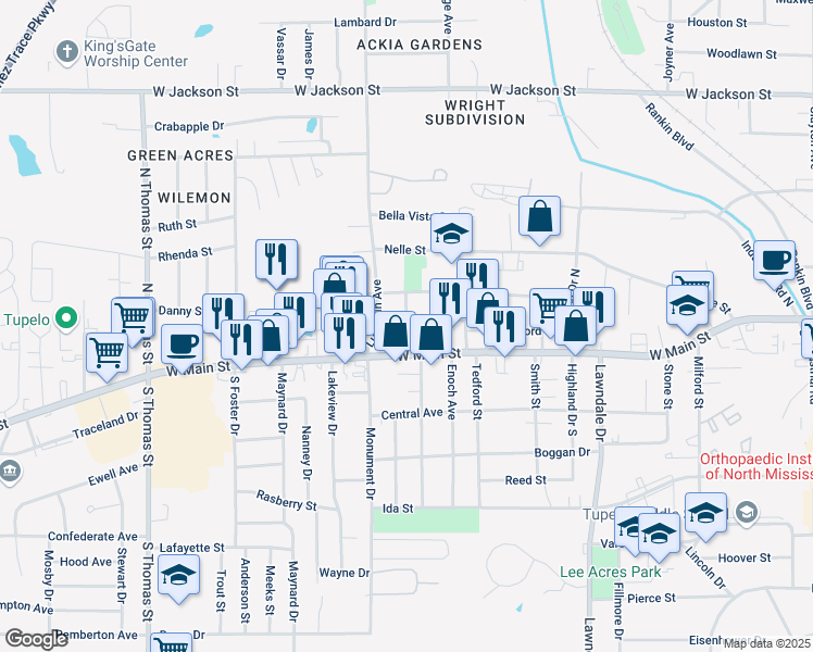 map of restaurants, bars, coffee shops, grocery stores, and more near 1999 Stephen D Lee St in Tupelo