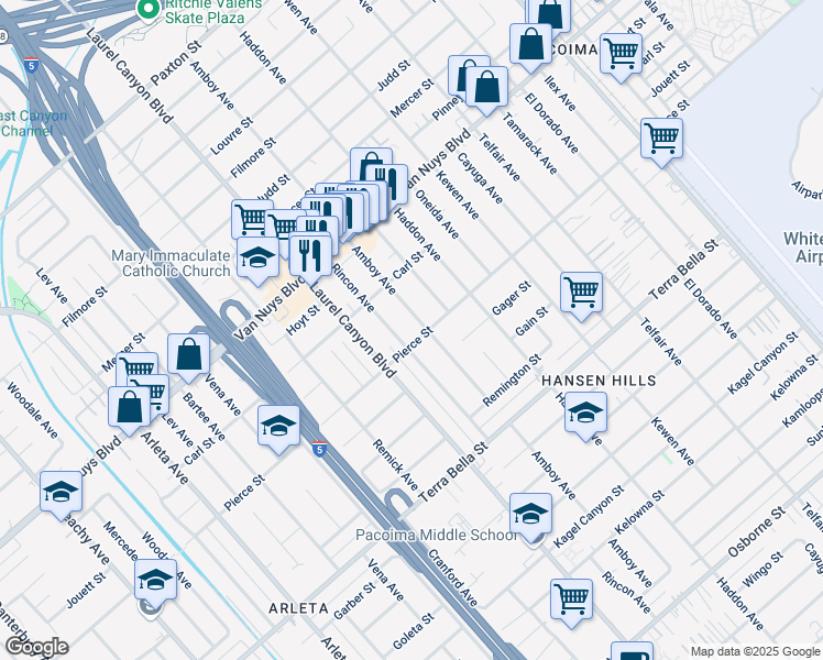 map of restaurants, bars, coffee shops, grocery stores, and more near 12331 Carl Street in Los Angeles