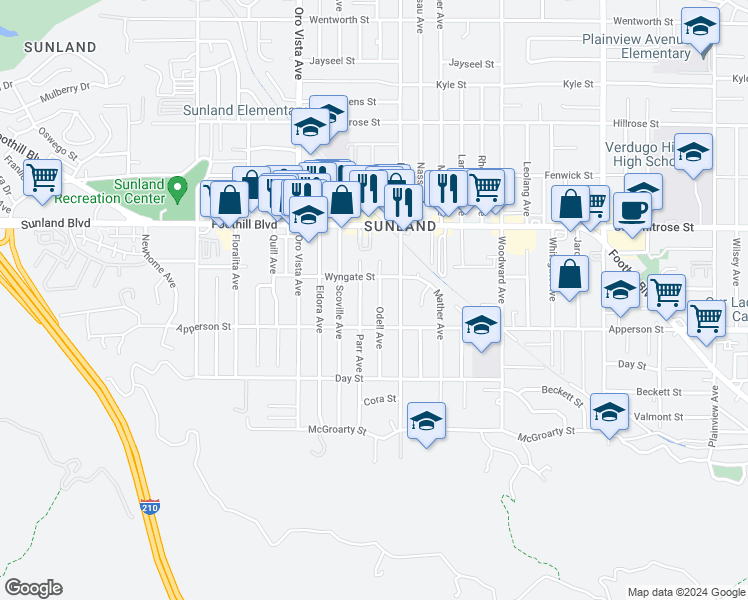 map of restaurants, bars, coffee shops, grocery stores, and more near 10333 Odell Avenue in Los Angeles