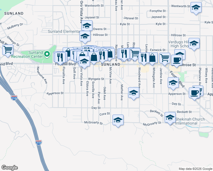 map of restaurants, bars, coffee shops, grocery stores, and more near 10332 Odell Avenue in Los Angeles