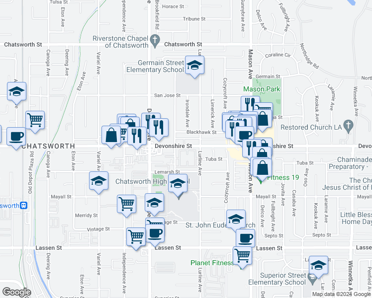 map of restaurants, bars, coffee shops, grocery stores, and more near 20726 Devonshire Street in Los Angeles