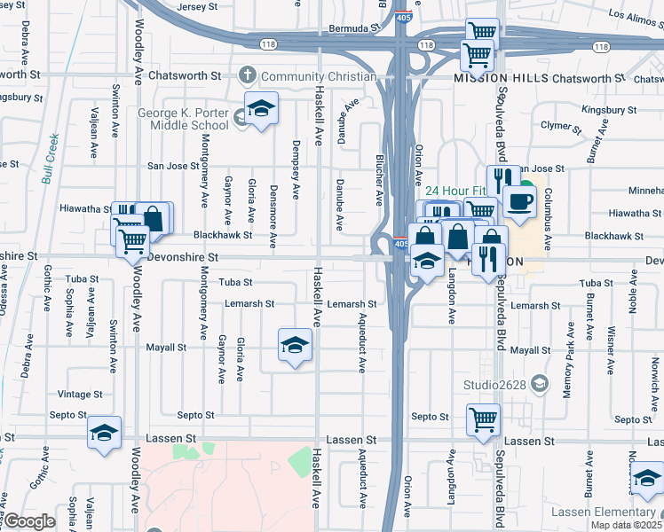 map of restaurants, bars, coffee shops, grocery stores, and more near 10246 Haskell Avenue in Los Angeles