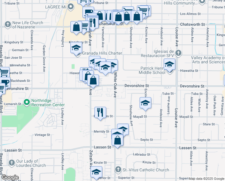 map of restaurants, bars, coffee shops, grocery stores, and more near 10241 White Oak Avenue in Los Angeles
