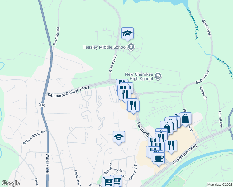 map of restaurants, bars, coffee shops, grocery stores, and more near 134 Riverstone Commons Circle in Canton