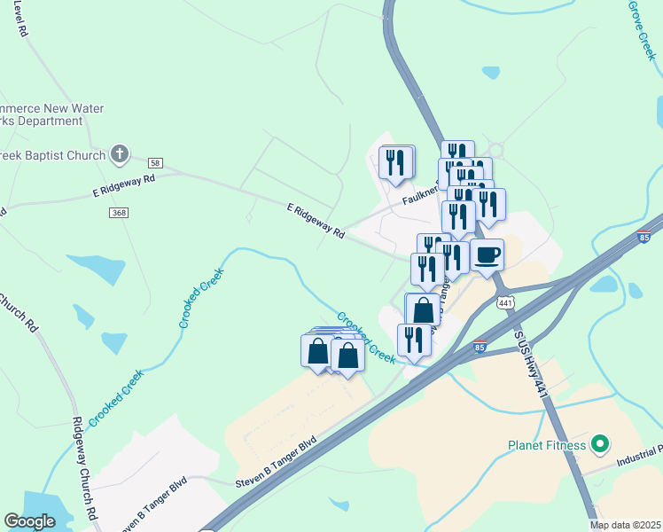 map of restaurants, bars, coffee shops, grocery stores, and more near 347 East Ridgeway Road in Commerce
