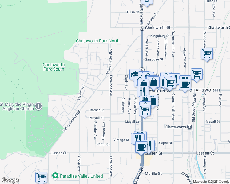 map of restaurants, bars, coffee shops, grocery stores, and more near 10257 Nevada Avenue in Los Angeles