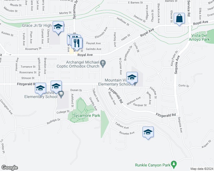 map of restaurants, bars, coffee shops, grocery stores, and more near 2709 Fitzgerald Road in Simi Valley